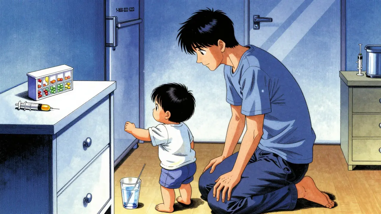 Parent viewing home hazards from toddler’s eye level, spotting dangerous items around the house.