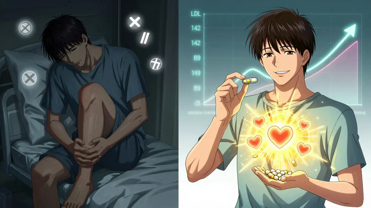 Patient transitioning from muscle pain to relief, taking weekly statin with glowing LDL reduction graph.