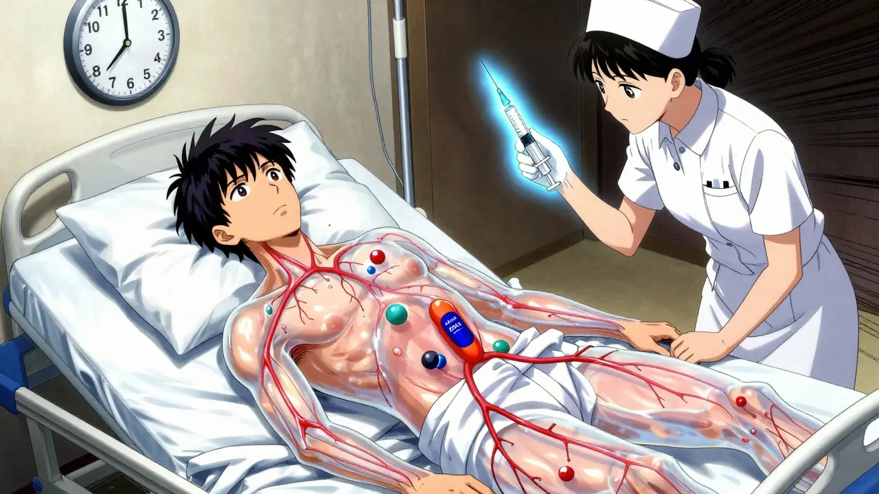 Patient with translucent body showing blood thinners vanishing, nurse administering heparin injection.