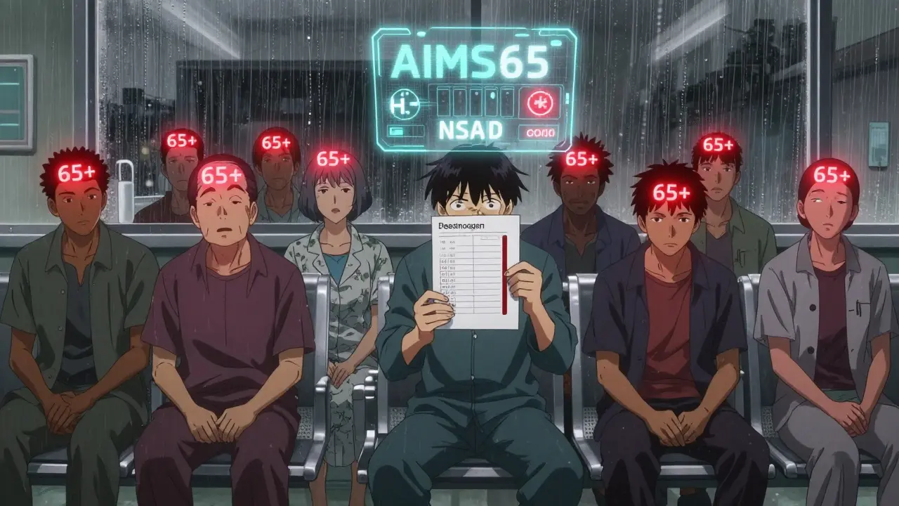 Patients in a hospital with glowing risk indicators and a holographic AIMS65 score above them.