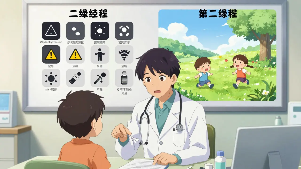 Pediatrician explains safer allergy meds using visual chart in clinic