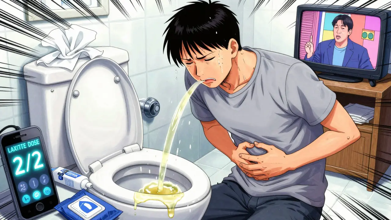 Person in bathroom during colonoscopy prep, clear liquid flushing, medical supplies nearby.