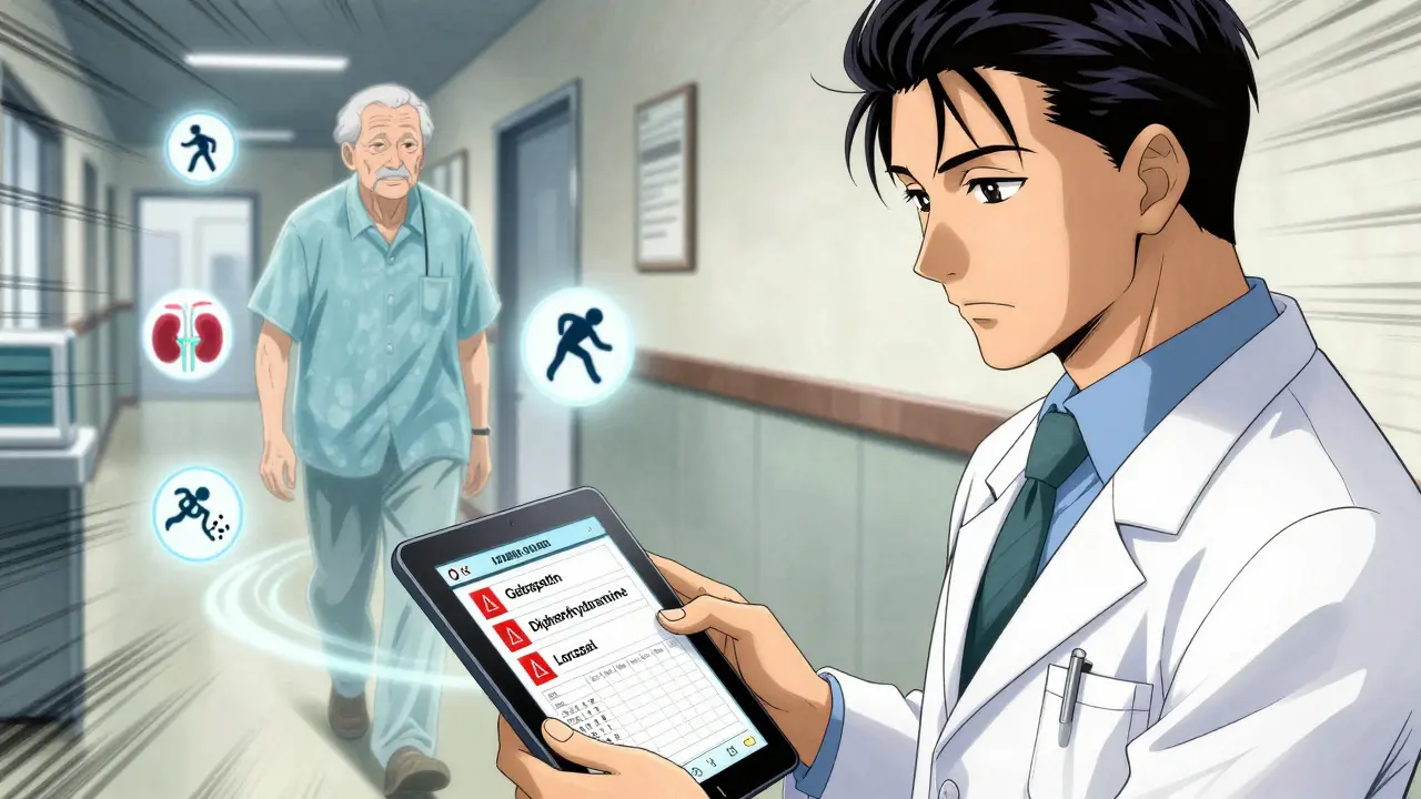 Pharmacist reviewing medication list with red warning flags over risky drugs for seniors.