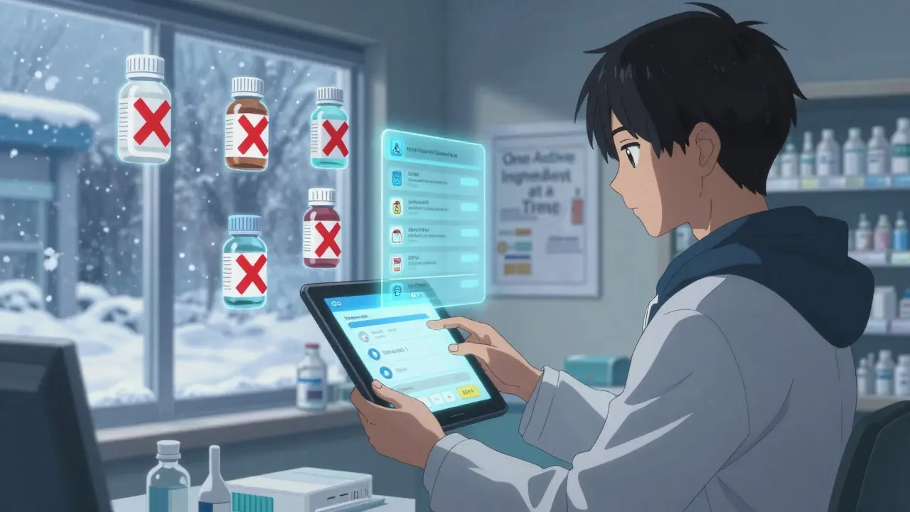 Pharmacist shows digital medication safety alert to teen using a phone app, holographic checklist floating in air.