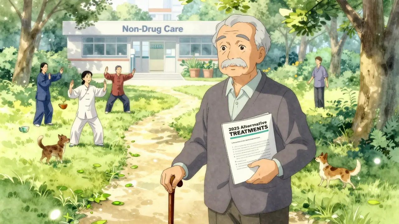 Senior holding alternative treatments guide in a park, walking toward non-drug therapy.