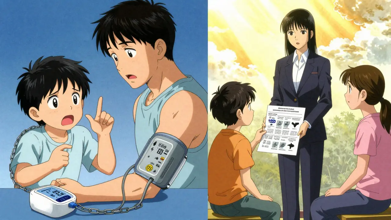 Split scene: a child misinterprets a label vs. a professional interpreter providing clear instructions with pictograms.