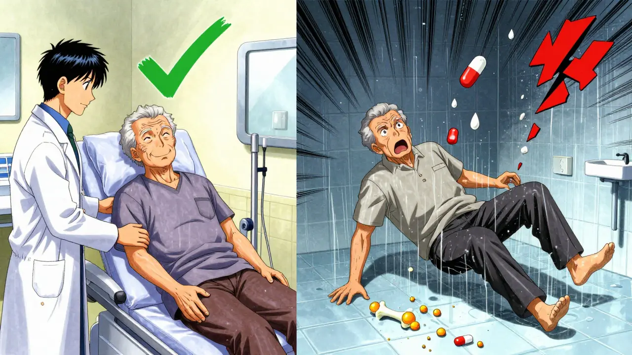 Split scene: left shows safe DXA scan with green checkmark, right shows elderly patient falling with red fracture icon and falling pill.