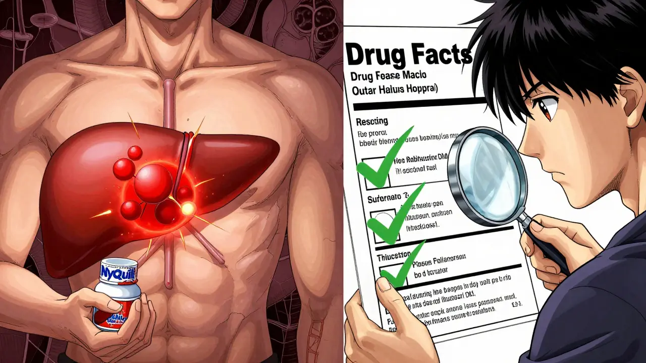 Split scene: liver exploding from acetaminophen overdose vs. person safely reading a drug label with green checkmarks.