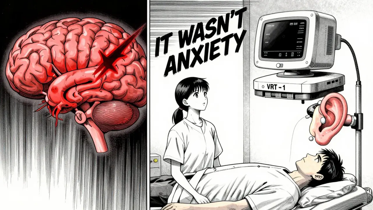 Split scene: stroke-induced vertigo on one side, treated BPPV on the other, with a patient realizing her dizziness wasn't anxiety.