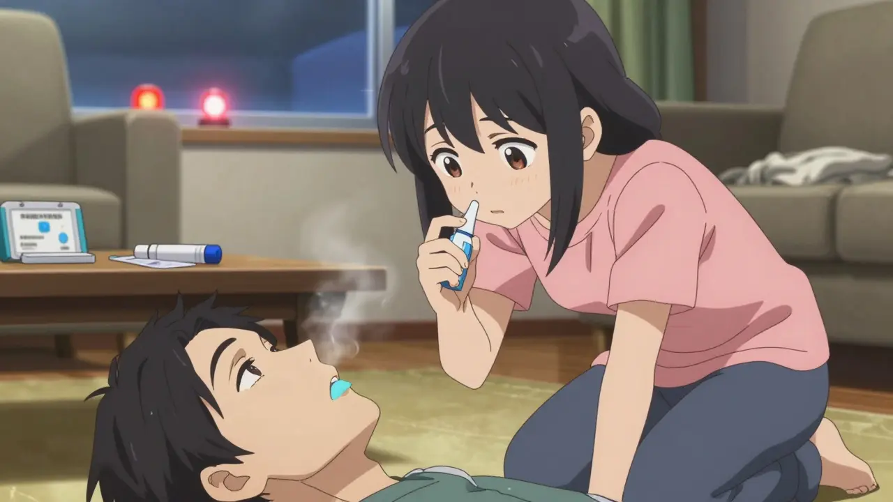 Teen administering naloxone to an unresponsive adult on the floor, blue lips visible.