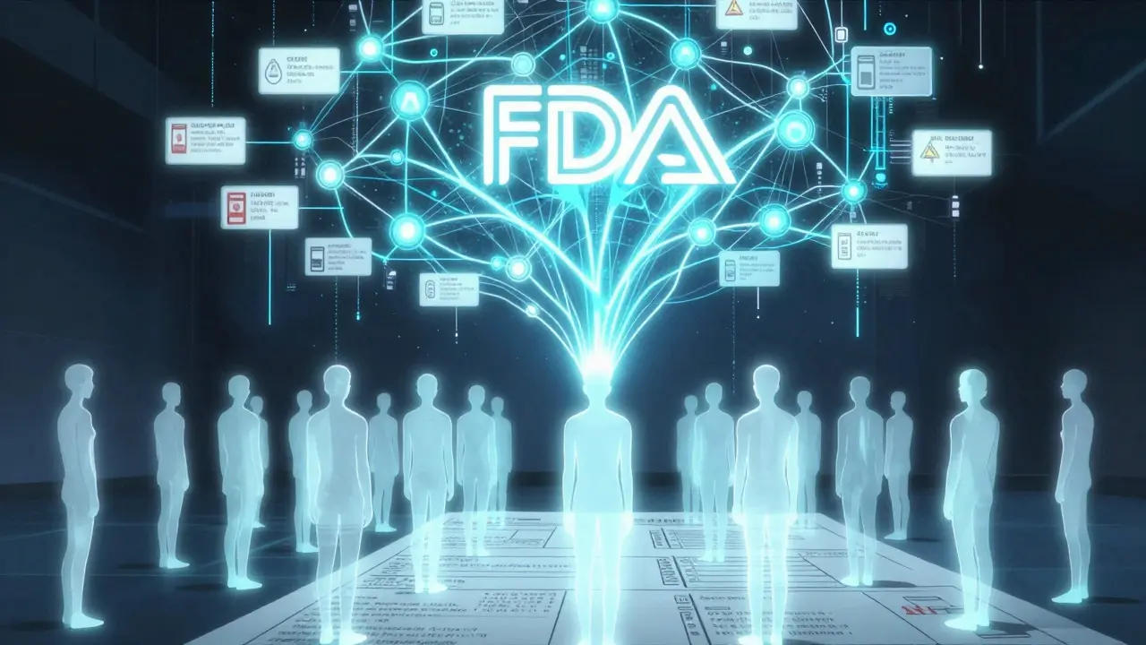 Thousands of patient silhouettes sending light into a digital FDA safety network.