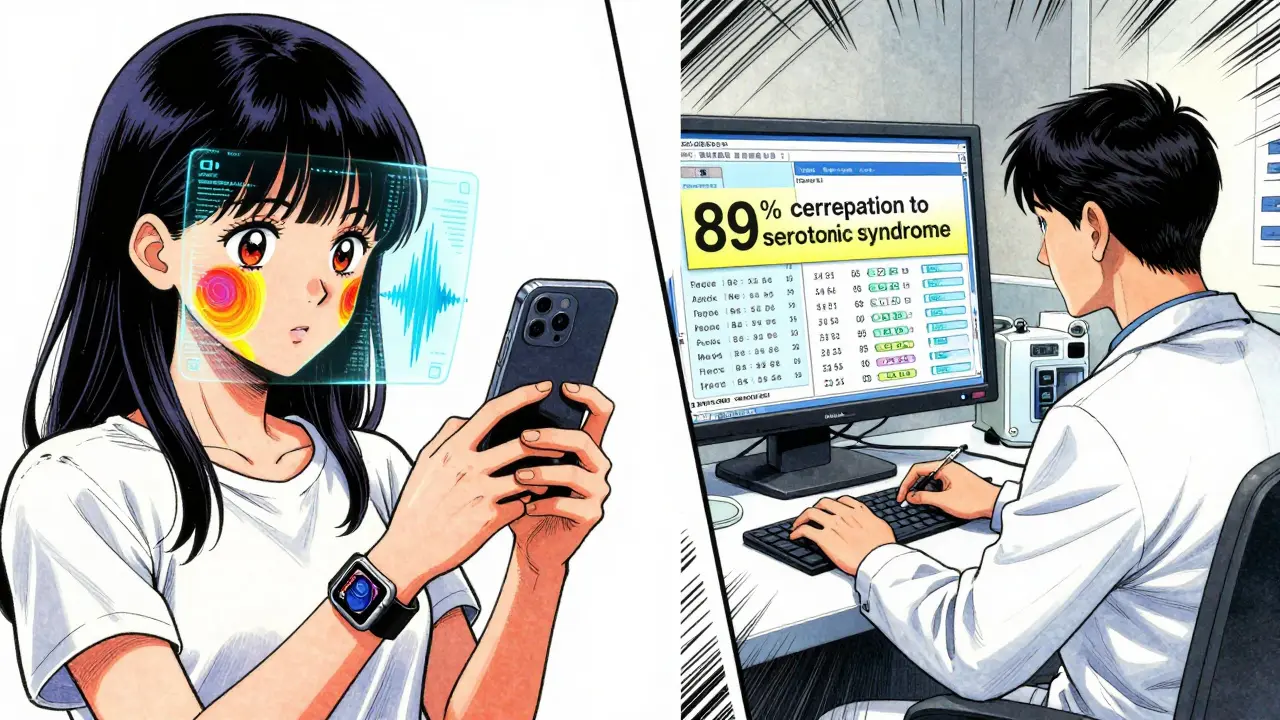 Woman using smartphone with AI biometric overlays while doctor analyzes aggregated patient data on screen.