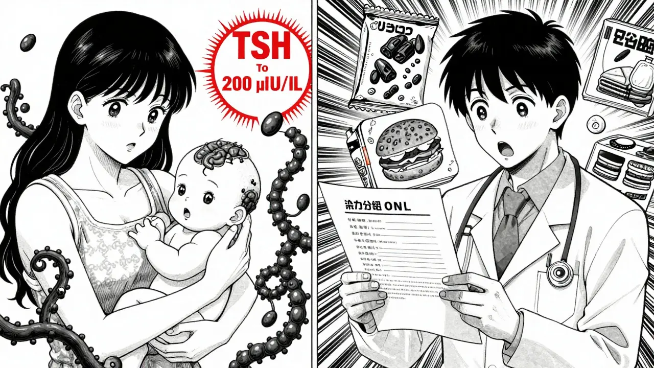 A baby on soy formula has rising TSH levels shown as dark vines, while a doctor reacts in shock.