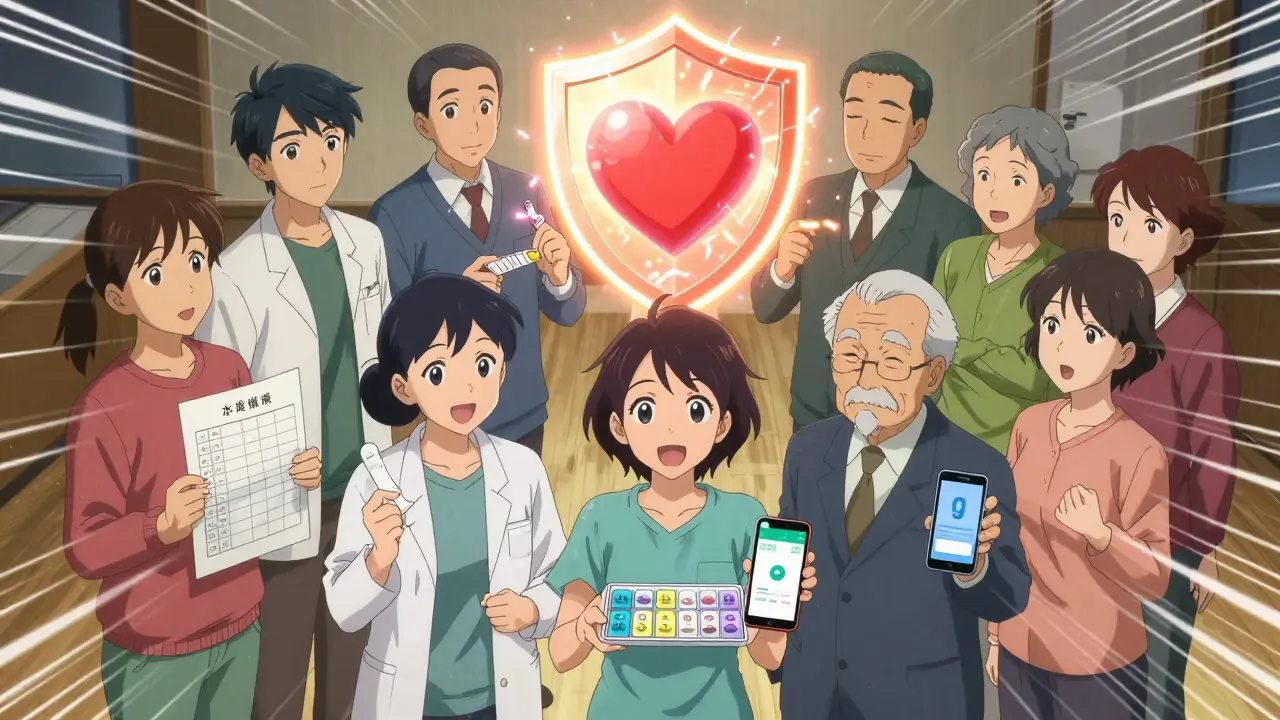 A group of diverse patients stand together, holding tools that help them manage medications safely.