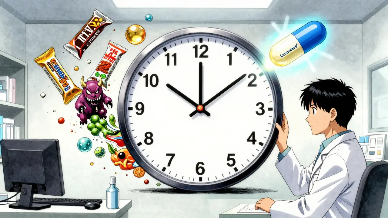 A pharmacist and patient face a 3-hour gap clock as soy proteins swirl around food items, with advanced pills glowing above.
