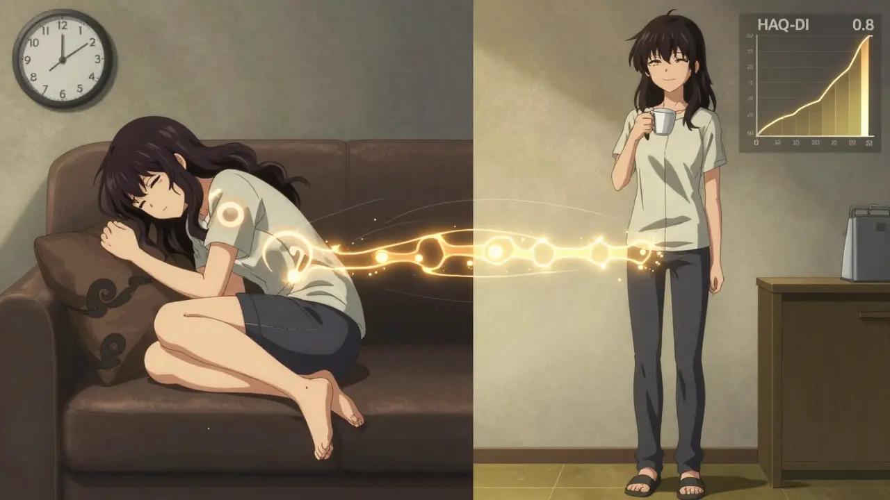 A split-panel illustration showing a patient's journey from severe fatigue to regained independence, with HAQ-DI score improvement visualized.