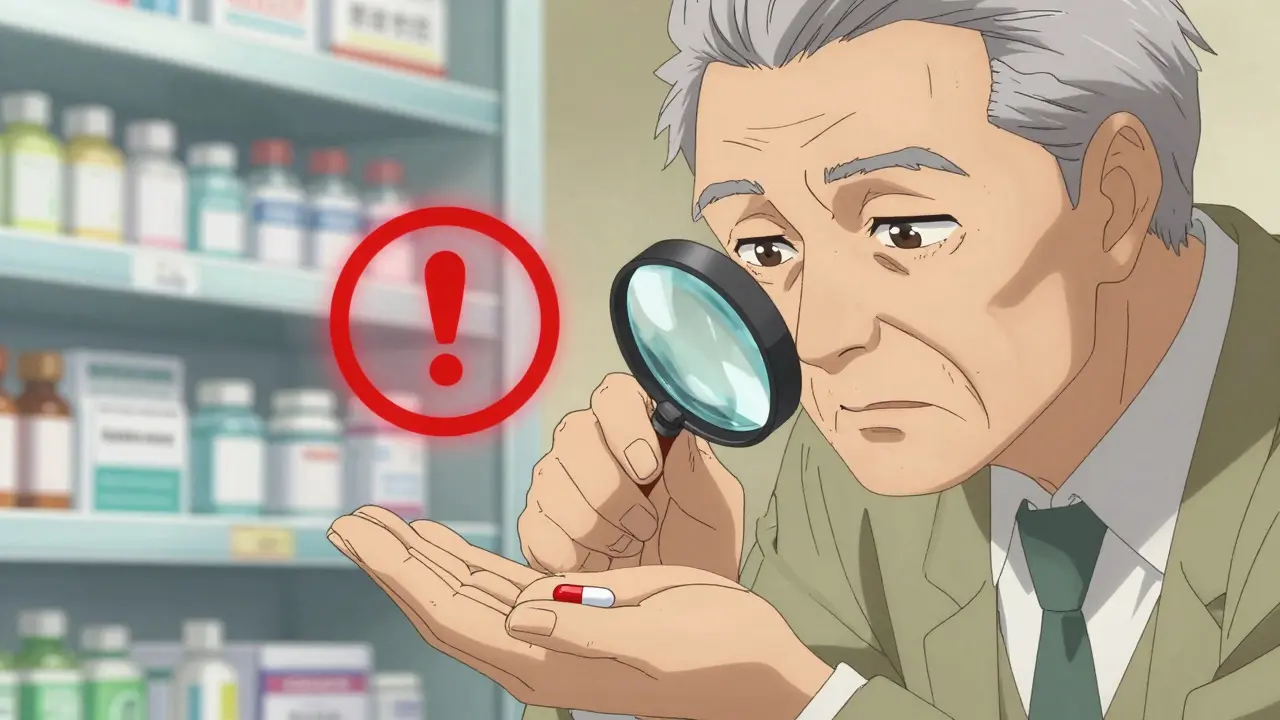 An elderly man examines a pill with a magnifying glass as a warning symbol glows above it.