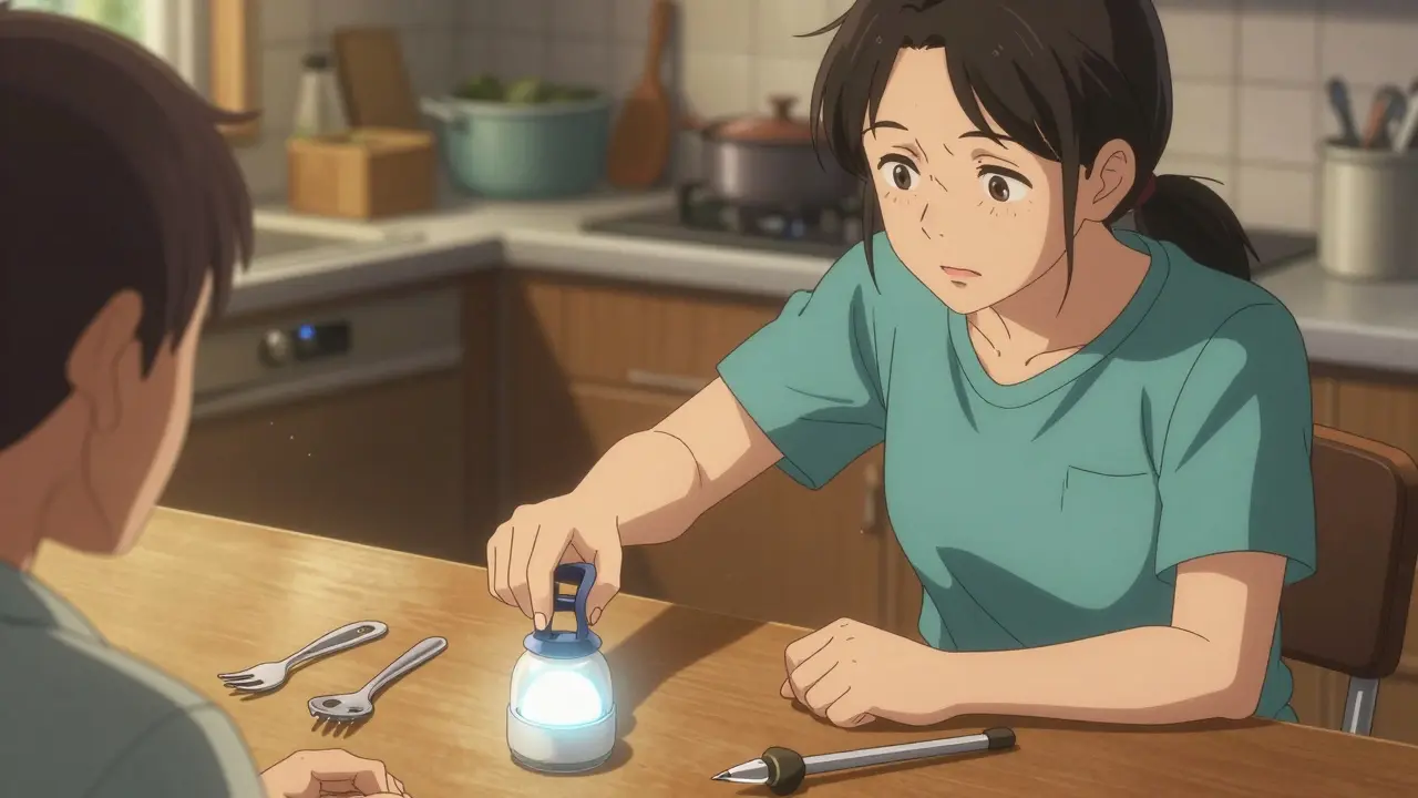 An occupational therapist helping a patient use adaptive tools like a jar opener and voice-activated lights in a kitchen setting.