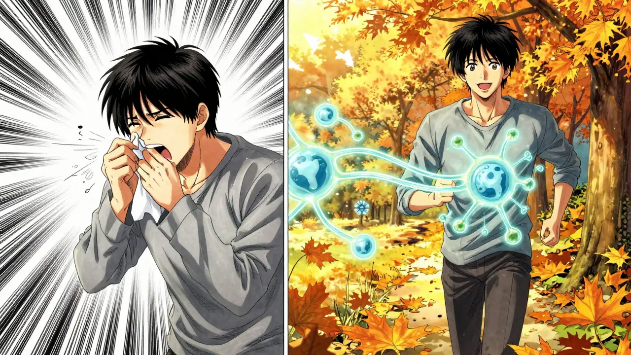 Before and after comparison of allergy symptoms and immune system calming over time.