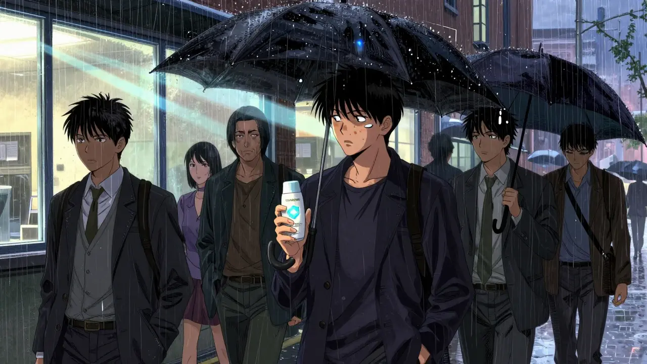 Diverse people in a rainy city, all applying sunscreen to exposed skin as UVA rays pass through windows and rain.