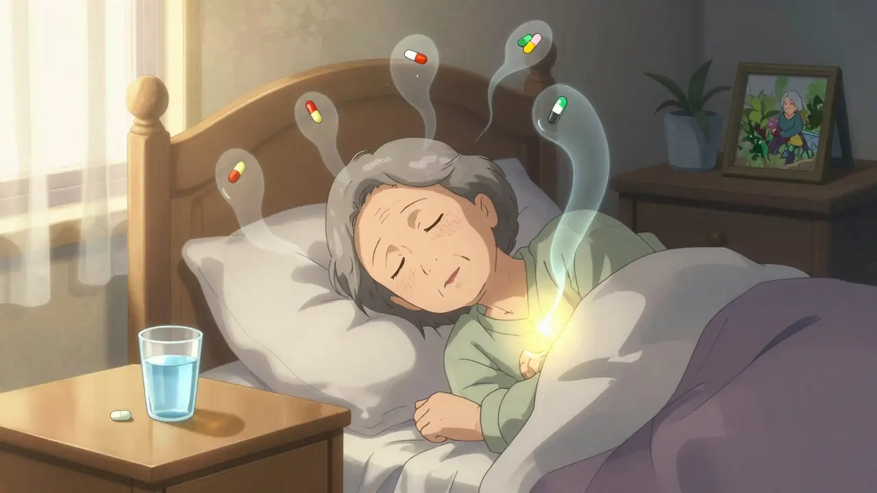 Elderly woman sleeping peacefully with removed medications fading away, minimal nightstand.
