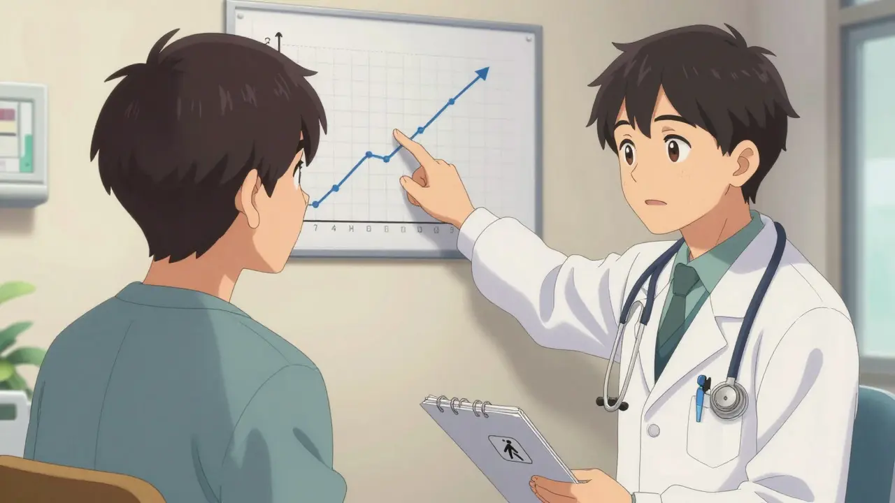 Patient and doctor discussing weight effects with scale and walking icons.