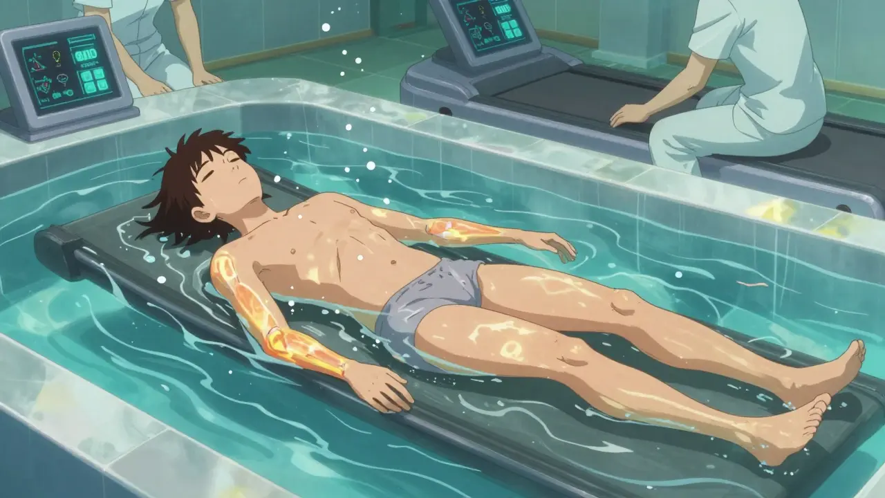 Patient exercising in warm underwater treadmill pool, therapists monitoring vitals.