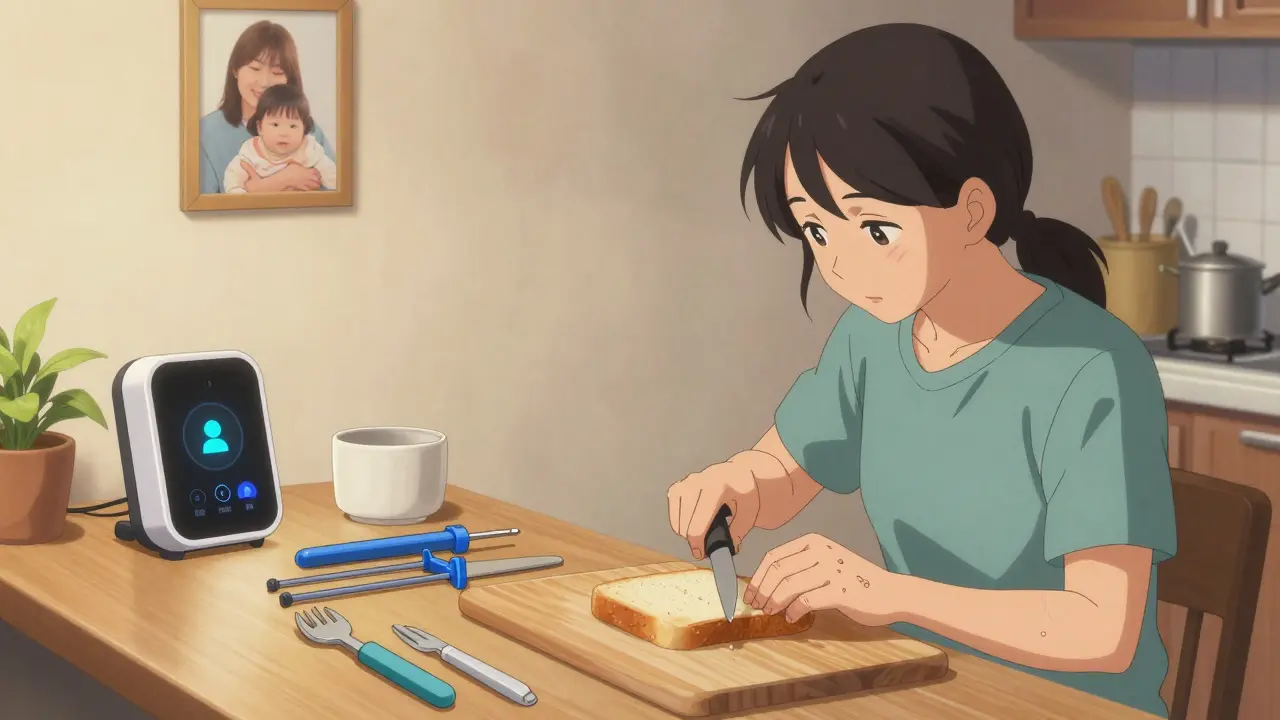 Person using adaptive kitchen tools with voice-activated devices, holding grandchild photo.