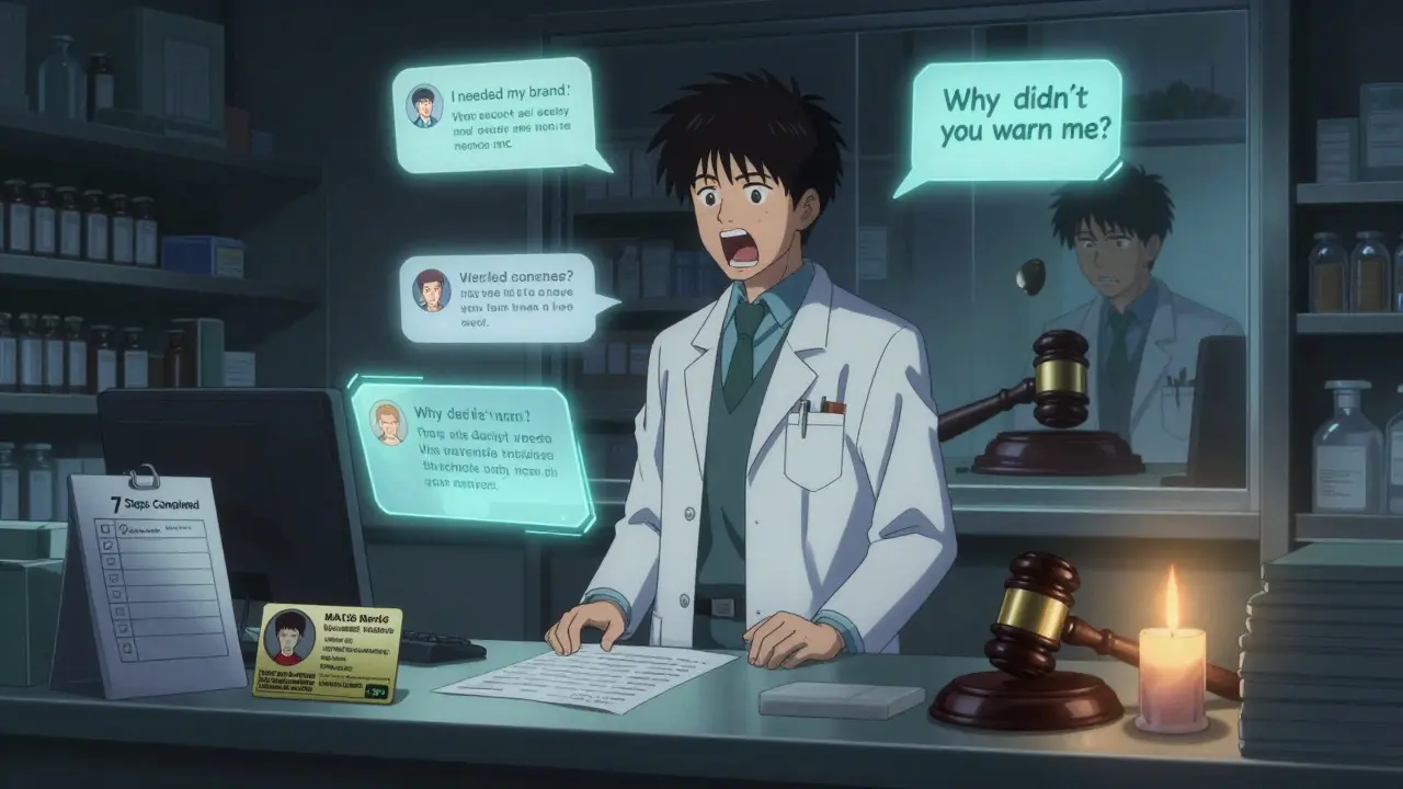 Pharmacist alone at night surrounded by patient testimonial holograms, checklist and insurance card on counter.