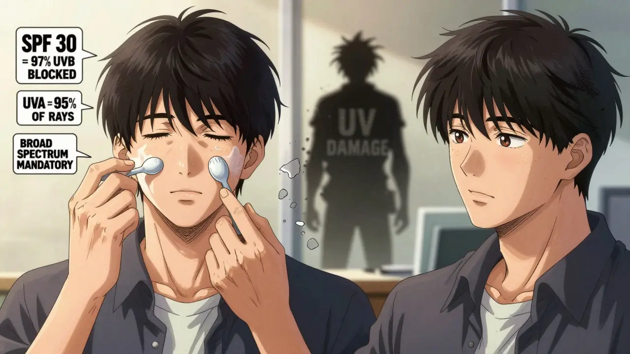 Split scene showing correct sunscreen application and healthy skin outcome, with scientific labels floating nearby.