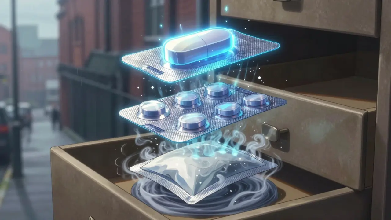 Three protective layers for pills: coated tablet, foil pack, and silica gel absorbing moisture.