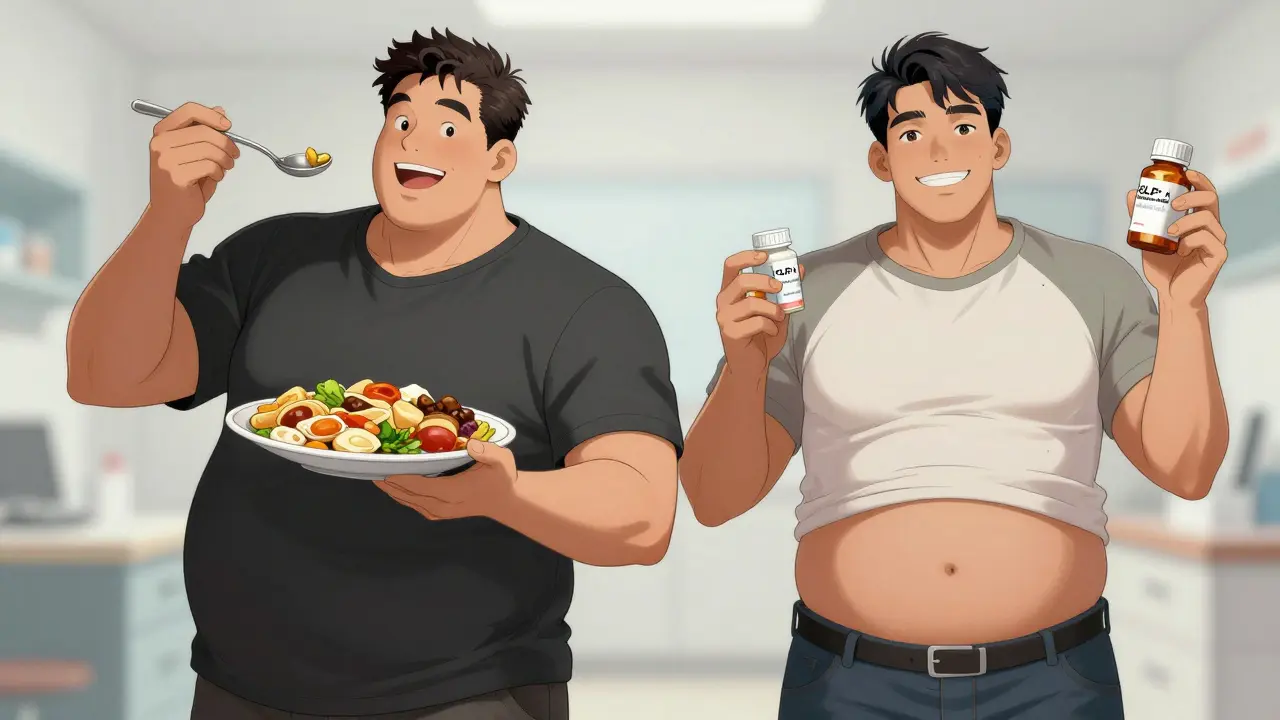 Two people: one gaining weight on antipsychotic, other losing on GLP-1 analogue.