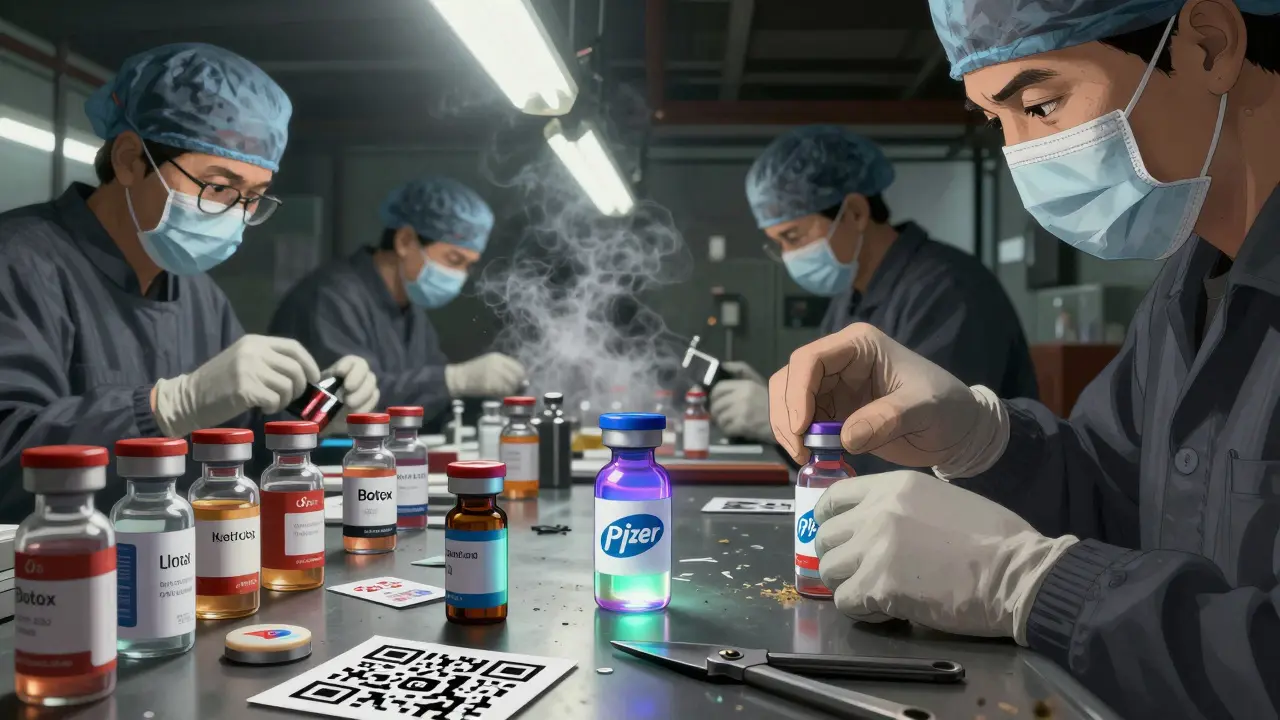 Workers assemble counterfeit Botox vials in a garage using parts shipped from multiple countries.