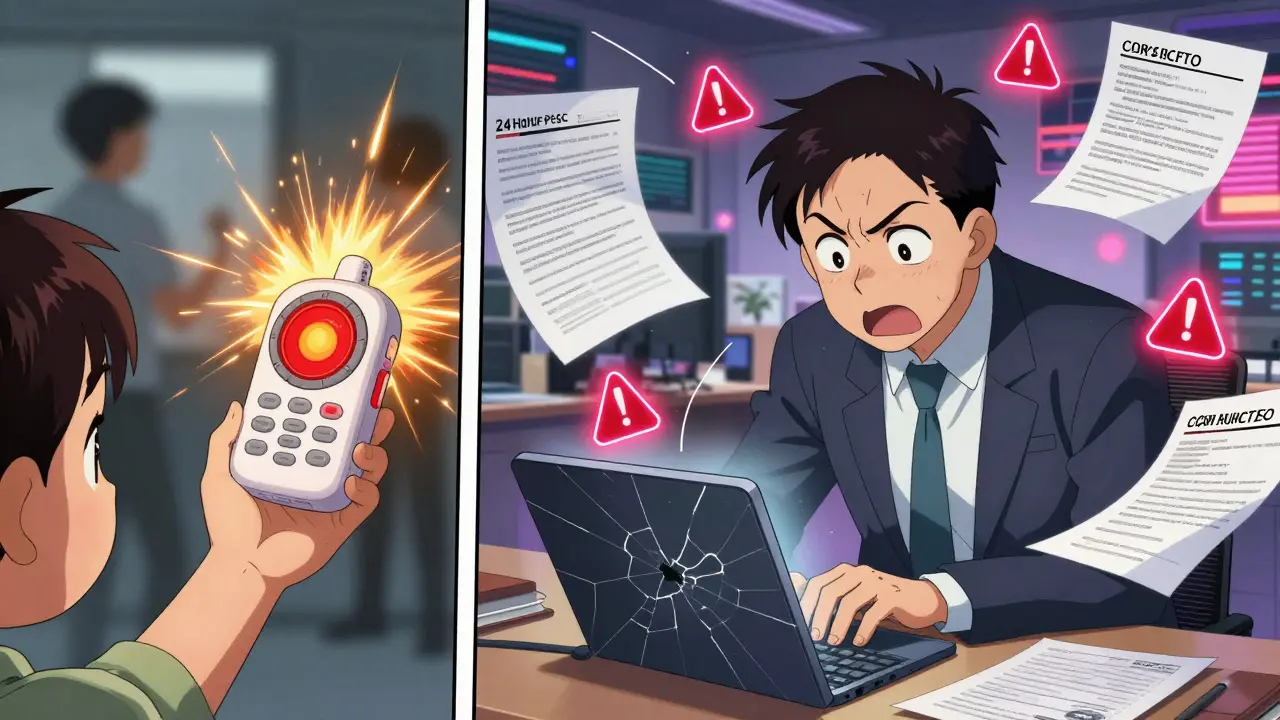 A child near a sparking baby monitor while a worker rushes to file a safety report.