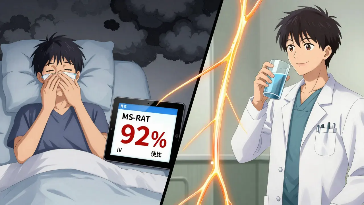 A neurologist showing an MS-RAT score as two paths show steroid side effects versus cooling and recovery.