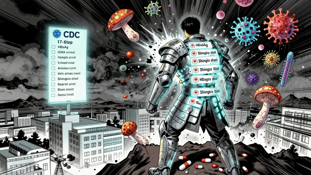A patient wearing a protective armor made of medical screening steps, repelling infectious pathogens in dramatic anime style.