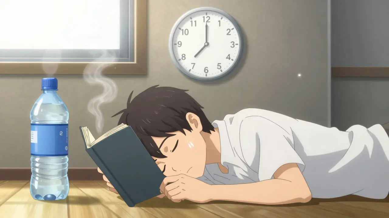 A student follows the 20-20-20 recovery rule, reading then resting, with a water bottle and sunlight streaming in.