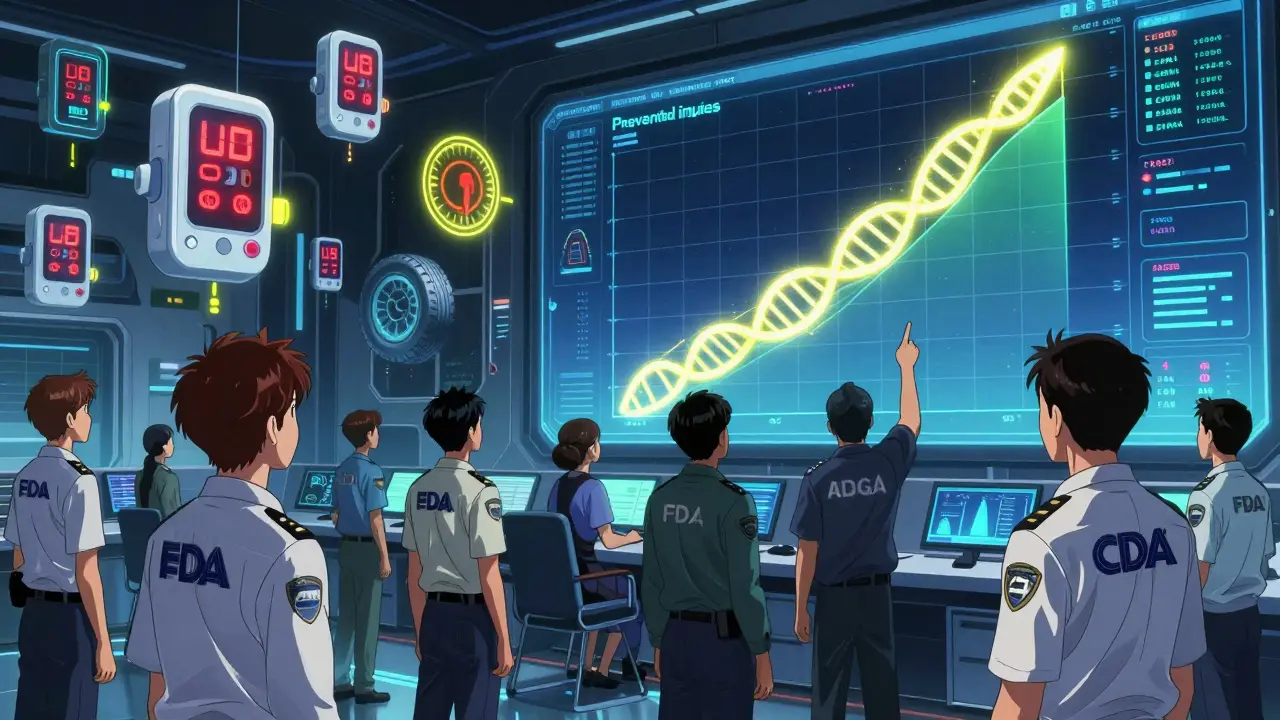 A team in a high-tech control room monitoring global product safety data with AI visuals.