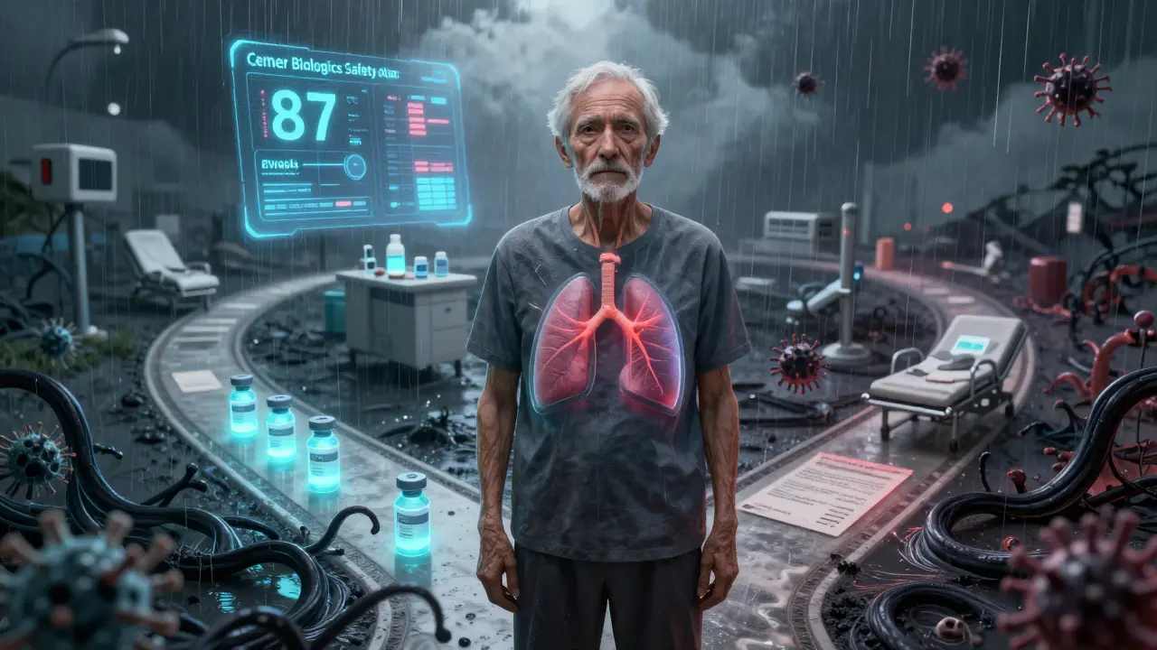 An elderly patient at a crossroads between safe vaccination and dangerous infection, with AI data floating above in Boichi style.