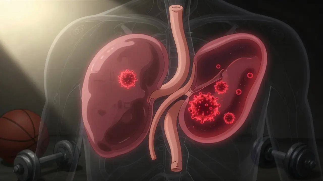 An enlarged spleen glows red with viral particles, surrounded by abandoned sports equipment as a person rests.