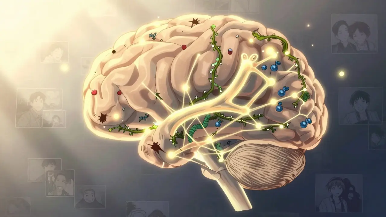 Brain's neural network rebuilding with glowing synapses and regrowing receptors under warm light.