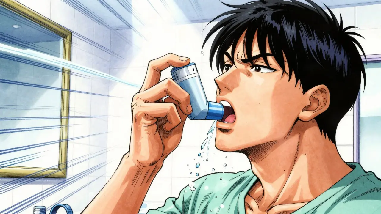 Character rinsing mouth with water after inhaler use