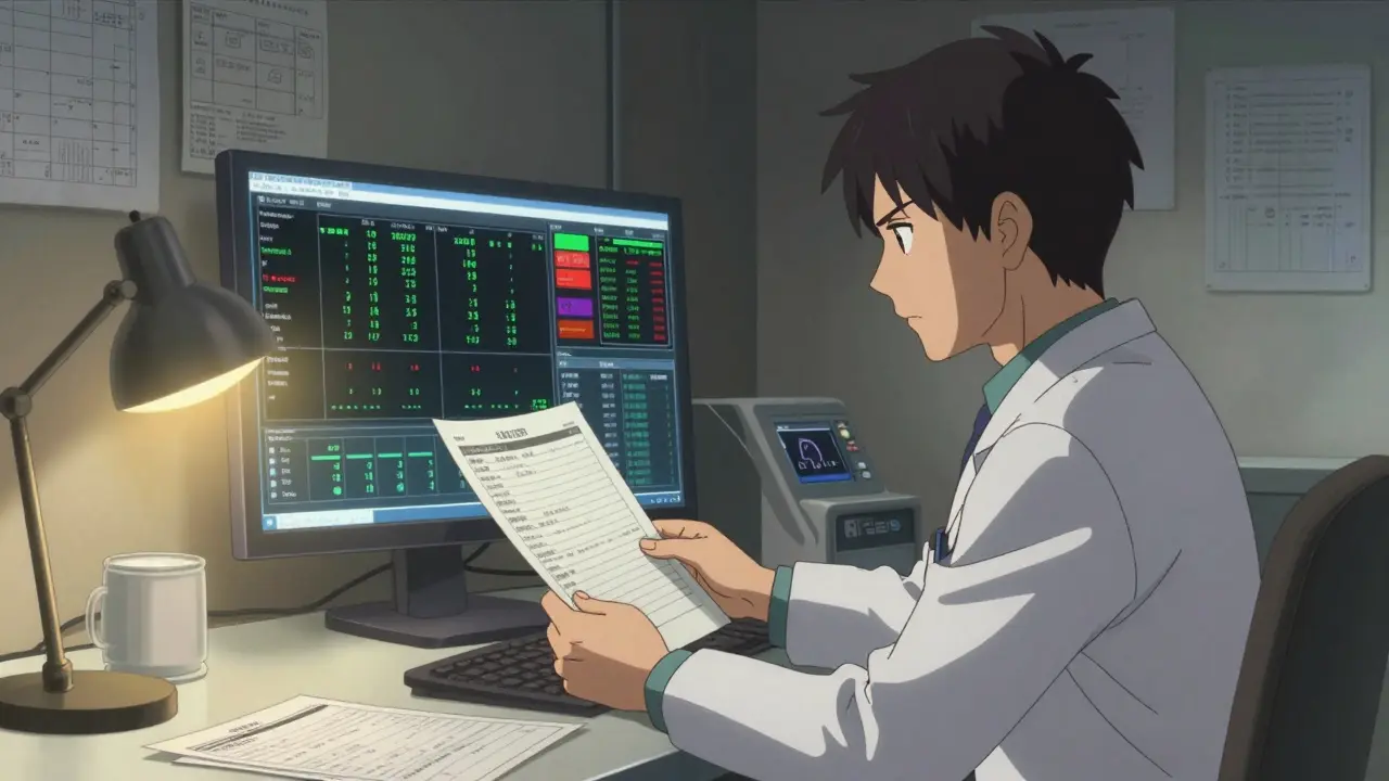 Doctor reviewing critical lab results on medical monitor screen