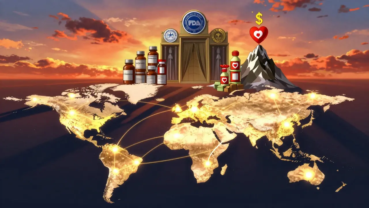 Global map with interconnected nodes symbolizing international bioequivalence standards.