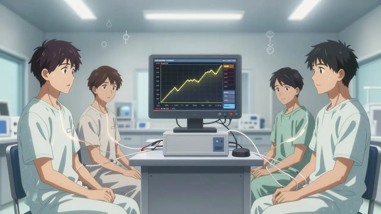 Healthy volunteers in a lab connected to monitors showing overlapping drug concentration curves.