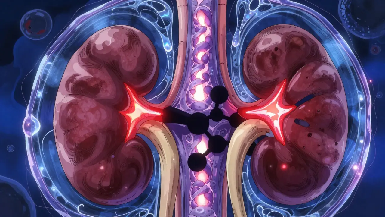 Microscopic kidney cell structures with molecular channel blockage illustrated