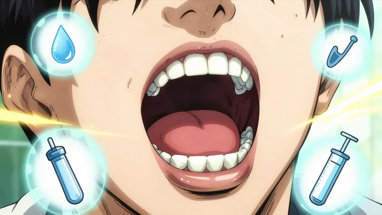 Mouth showing white patches with preventive symbols nearby