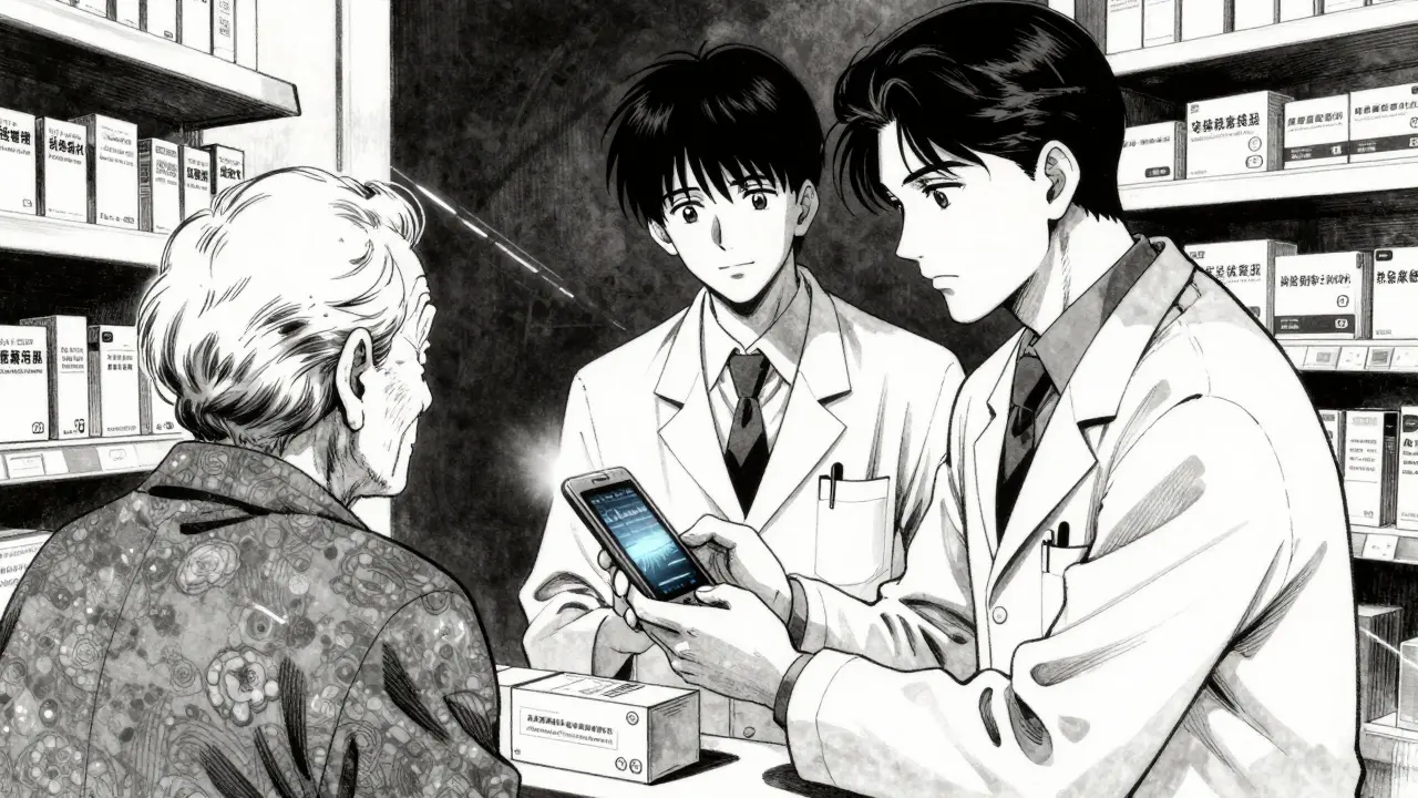 Pharmacist helping an elderly patient scan a medication label with a phone.