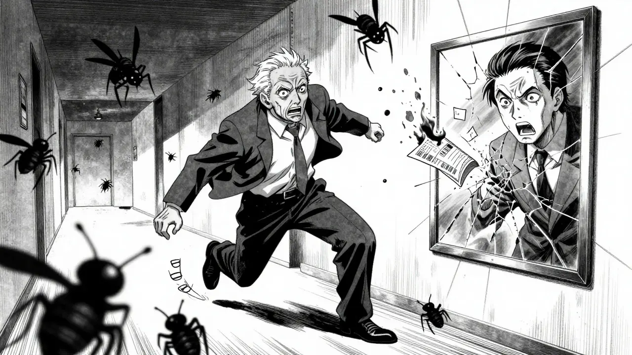 Senior falling in hallway with benzodiazepine molecules swirling around them like dark insects.