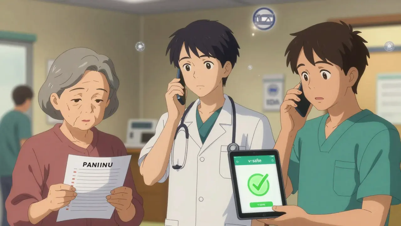 Three people using different methods to monitor symptoms in a community clinic: paper, phone call, and app.